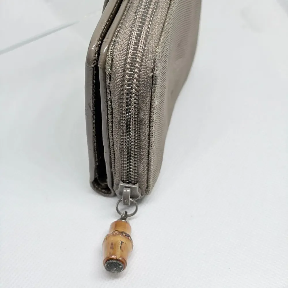 Gucci Bamboo Compact Zip Around Bifold Wallet Taupe Patent Leather